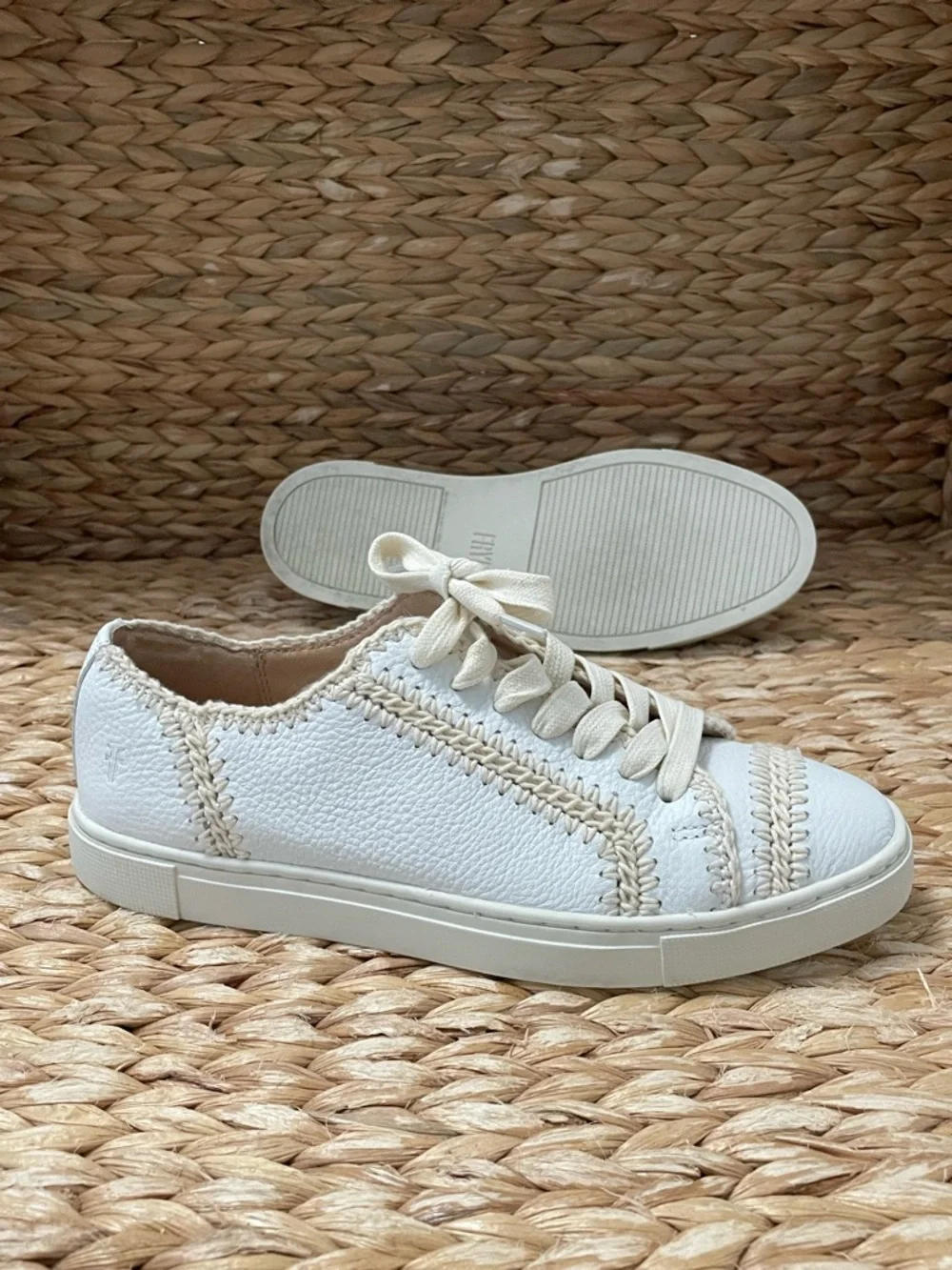 Frye‎ Ivy Crochet Low Lace Sneakers in White Tumbled Leather
